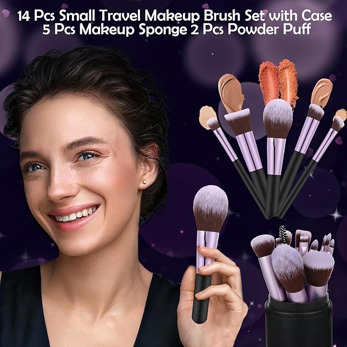 14 Pcs Travel Makeup Brush Set Portable Mini Makeup Brushes Make up Brush with Case,5 Pcs Makeup Sponge Mother's Day Gift for Foundation Powder Concealers Eye Shadows(Black)